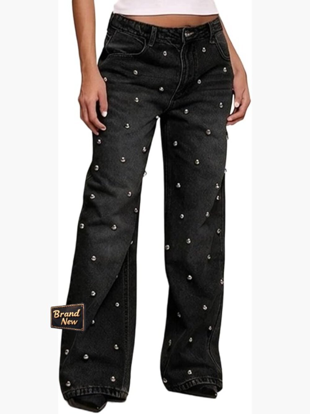 Straight Leg Jeans Rhinestone High Waisted Wide Leg Pearl Denim Pants